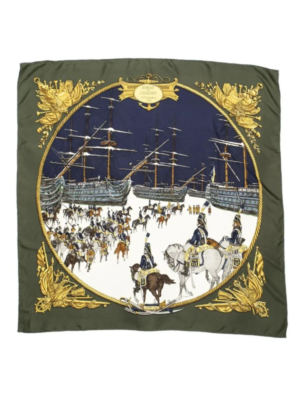 Hermes Scarf Dark Green Navy 100% Gold Twill Silk